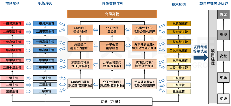 針對江西某國有建筑企業(yè)的員工類型和業(yè)務(wù)特點，中大咨詢設(shè)計橫向多通道、縱向多晉升空間的任職資格等級體系。