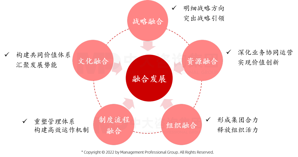 中大咨詢認為重組整合關(guān)鍵在于重組后企業(yè)內(nèi)部如何融合發(fā)展，主要包括戰(zhàn)略融合、資源融合、組織融合、制度流程融合、文化融合五個方面的內(nèi)容。